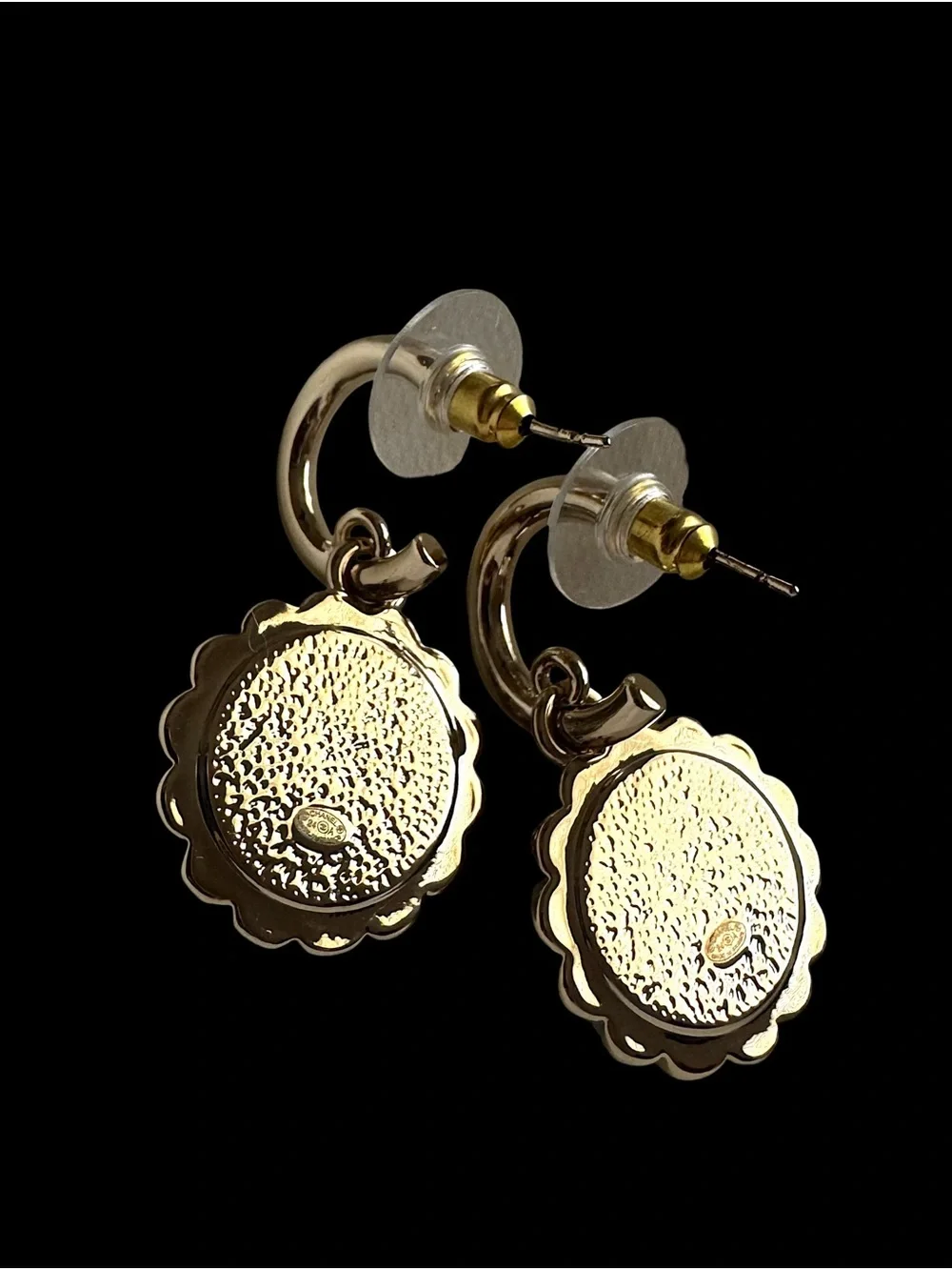 Upcycled Silver and Black CC Medallion Drop Hoop Earrings